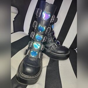 Demonia Emily 330 Black Holographic Heart Buckles Platform Boots 7W US